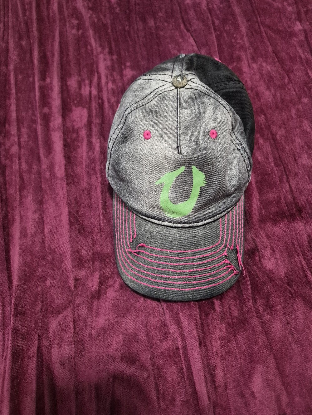 Y2k Vinrage True Religion ' Black Baseball Cap with Green Logo and Pink Accents